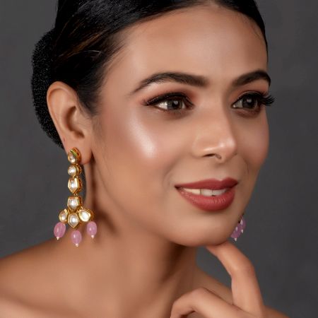 Mirror Stone & Pink Bead Cascade Earrings Pair